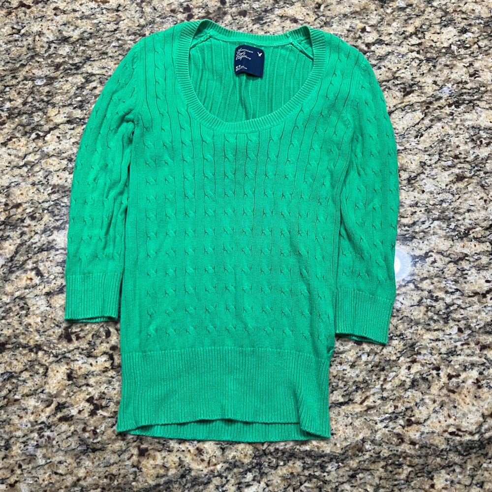 American Eagle Womens Kelly Green Cable Knit Scoop Neck 3/4 Sleeve Sweater M